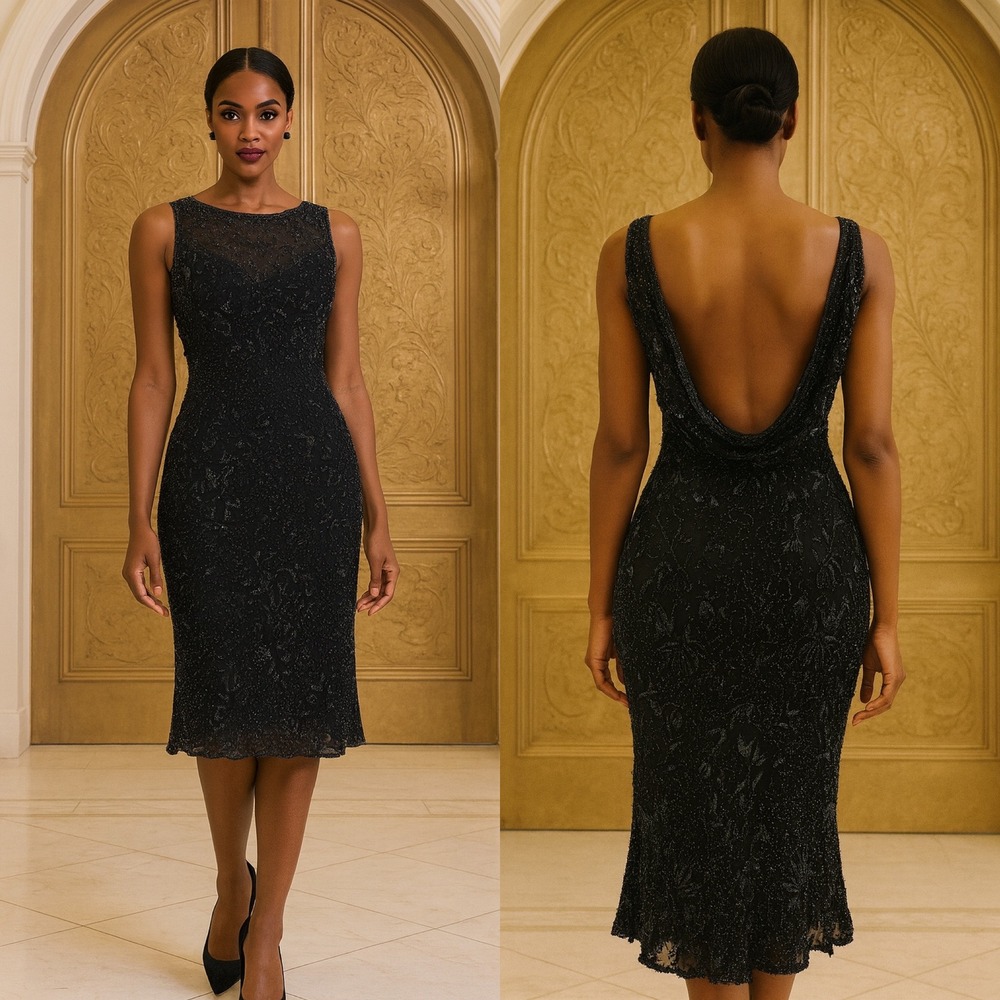 Scala Black Silk Beaded Sheer Illusion Neckline Cowl Back Formal Evening Dress M